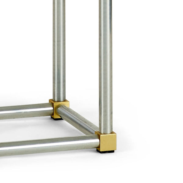 Aluminum and brass side table with glass insert on top in the style of John Vesey