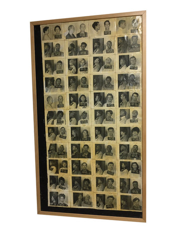 A collection of actual Houston Texas mugshots glued to board and framed