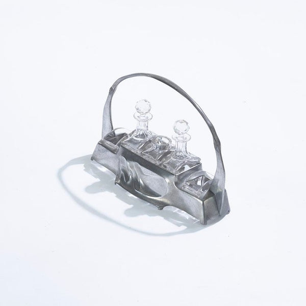 Art Nouveau pewter and crystal cruet set designed by Hugo Leven for Kayserzinn