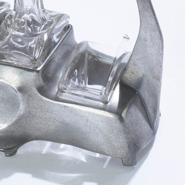 Art Nouveau pewter and crystal cruet set designed by Hugo Leven for Kayserzinn