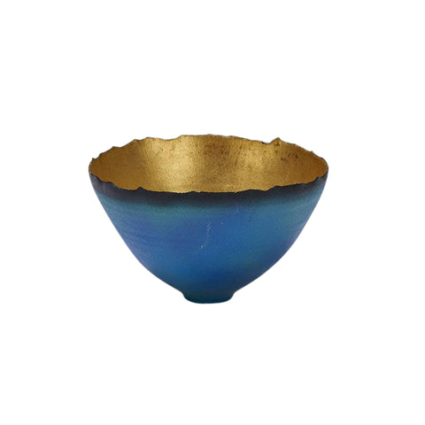 Blue green mottled gold prosperity pottery bowl by Oregon artist Cheryl Williams