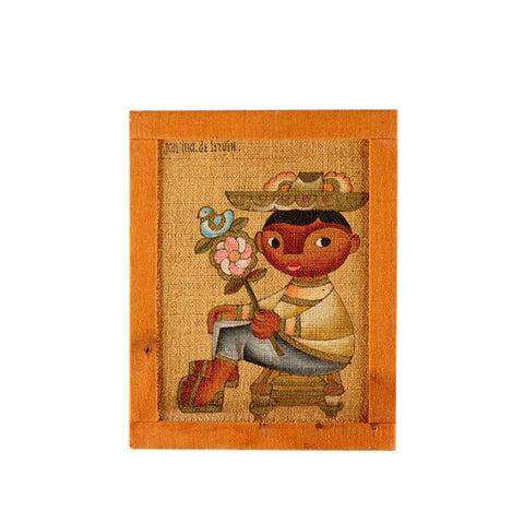 Colorful folk art oil painting on burlap of Mexican boy