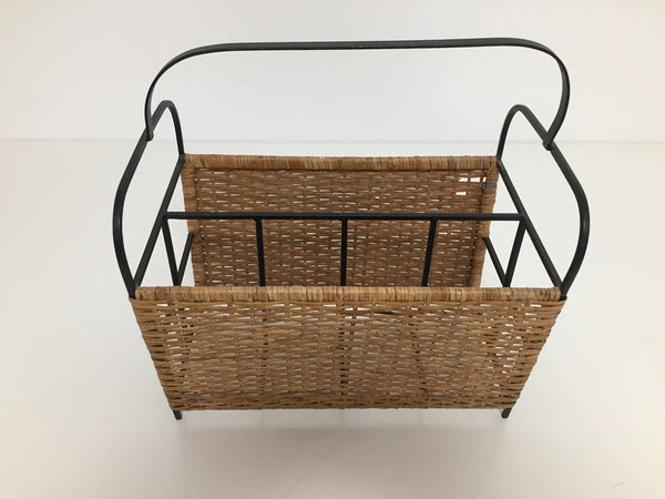 Mid century rattan and black metal magazine rack