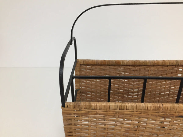 Mid century rattan and black metal magazine rack