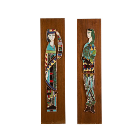 Pair of Harris Strong tile plaques with harlequin figures