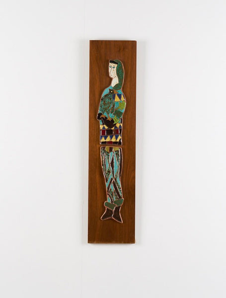 Pair of Harris Strong tile plaques with harlequin figures