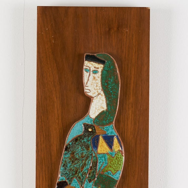 Pair of Harris Strong tile plaques with harlequin figures