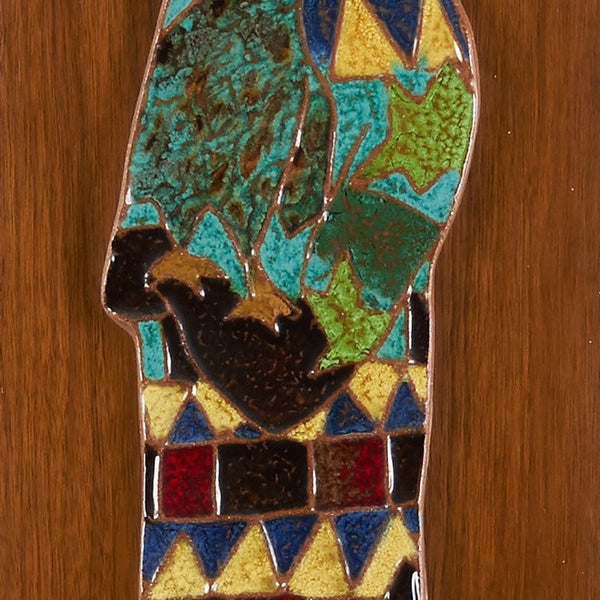 Pair of Harris Strong tile plaques with harlequin figures