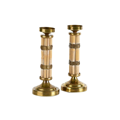 Pair of vintage bamboo and brass candle holders in the style of Gabriella Crespi