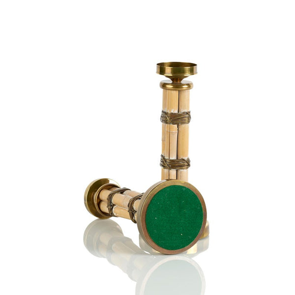 Pair of vintage bamboo and brass candle holders in the style of Gabriella Crespi