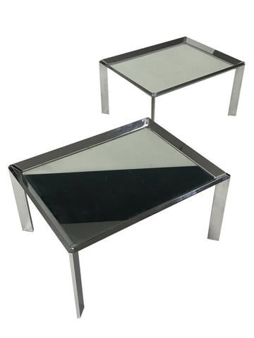 Pair of vintage mid century modern chrome tables with mirror tops in the style of Milo Baughman