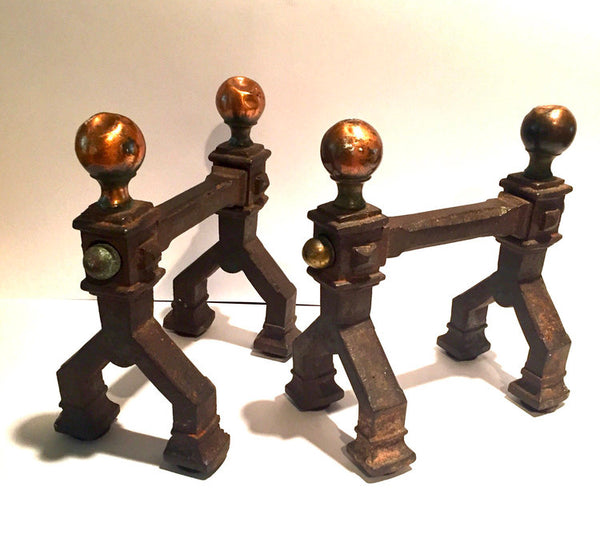 Pair or gothic art deco cast iron fireplace tool stands
