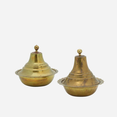 Pair of brass bowls with brass and copper lids