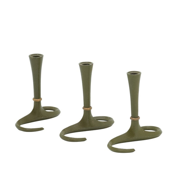 Set of three green iron and brass candle holders by Jens Quistgaard for Dansk
