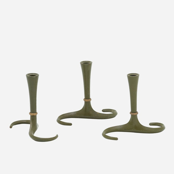 Set of three green iron and brass candle holders by Jens Quistgaard for Dansk