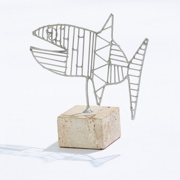 Vintage aluminum on travertine fish sculpture in the style of Georges Braque