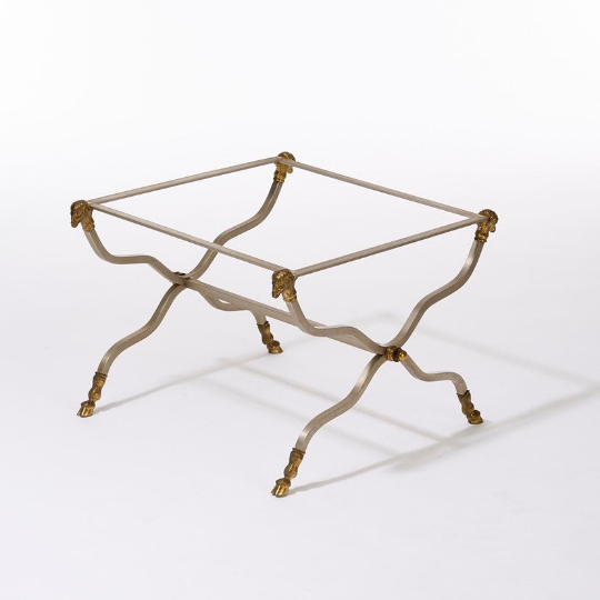 Vintage brass, steel, and glass X-form side table in the style of Maison Jansen
