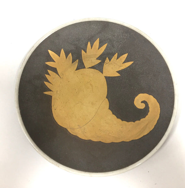 Vintage gray plate with gold cornucopia design