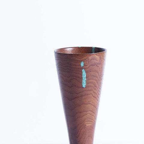 Vintage hand turned walnut vase with turquoise inlay