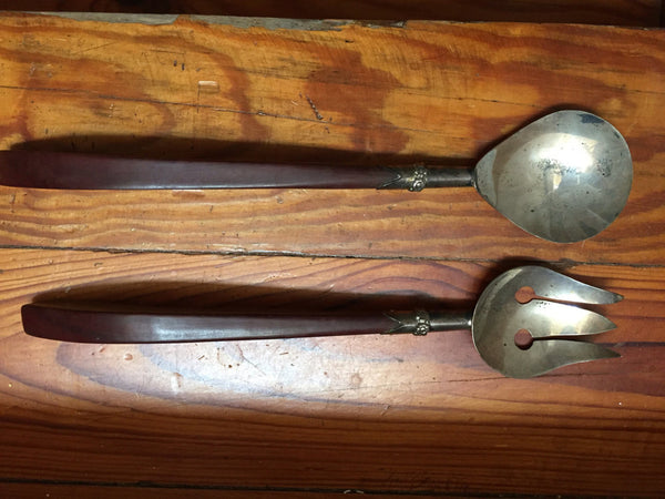 Vintage mid century sterling and wood salad servers