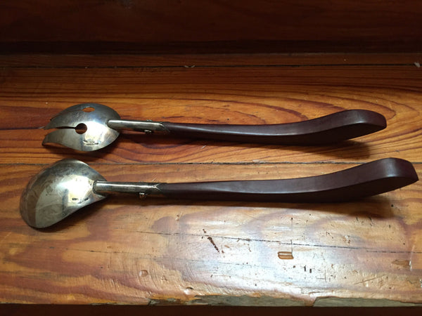 Vintage mid century sterling and wood salad servers