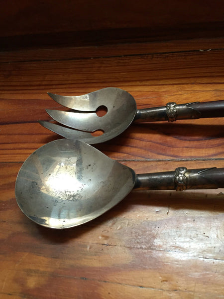 Vintage mid century sterling and wood salad servers