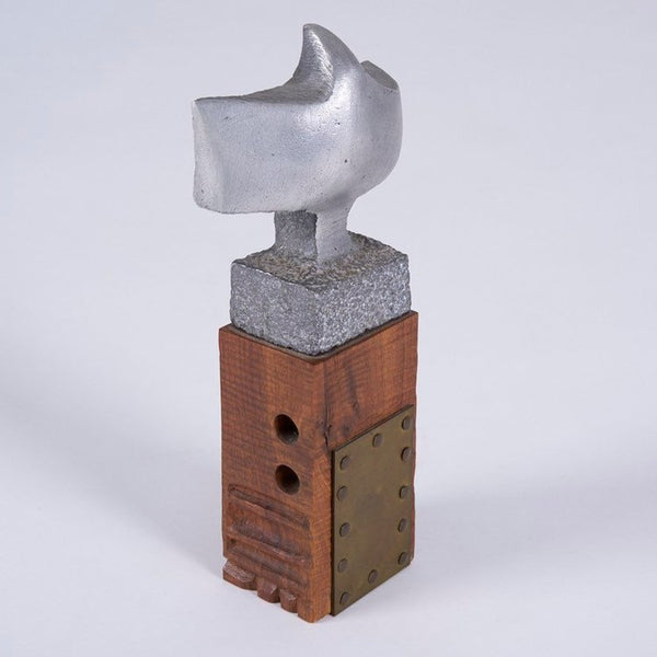 Vintage midcentury abstract wood, brass, and aluminum sculpture