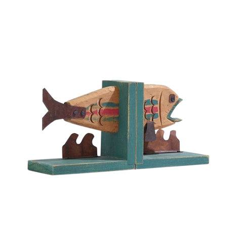 Vintage rustic and whimsical wood and metal fish bookends