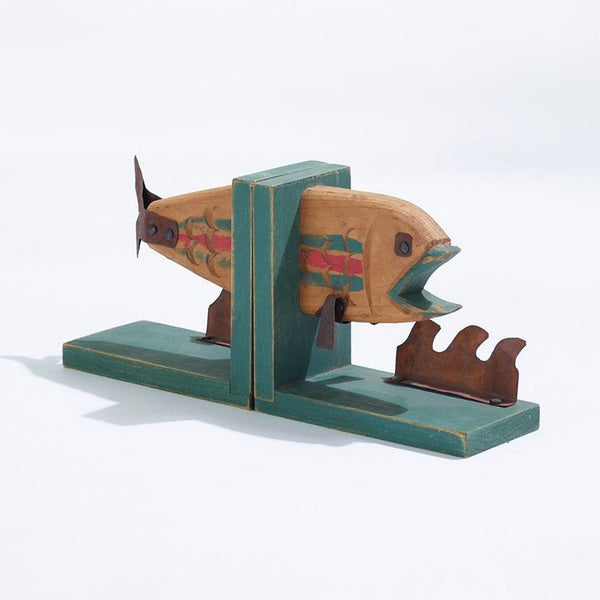 Vintage rustic and whimsical wood and metal fish bookends