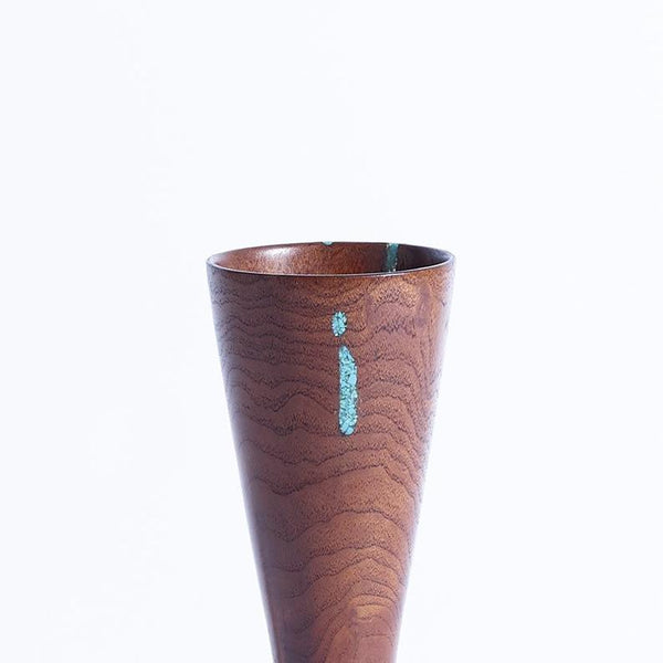 Vintage hand turned walnut vase with turquoise inlay