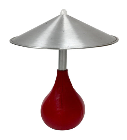 Pablo Pardo Piccola table lamp with spun aluminum shade and red leather bean bag base