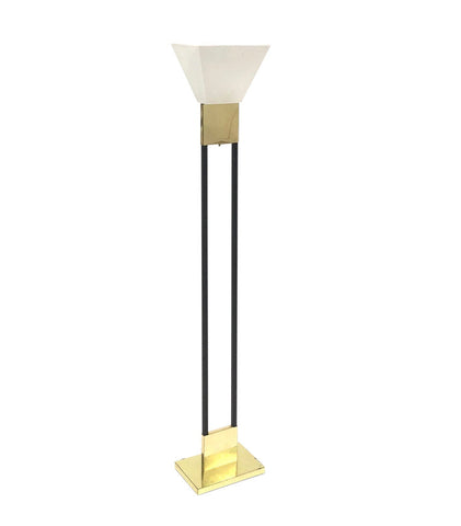 Vintage brass and black metal torchiere lamp with acrylic shade