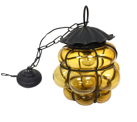 Vintage mid century modern imprisoned or caged glass hanging lamp with chain